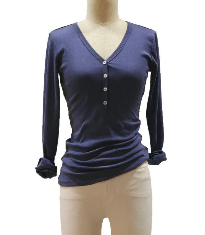 Cotton V Neck Henley - Rib Knit